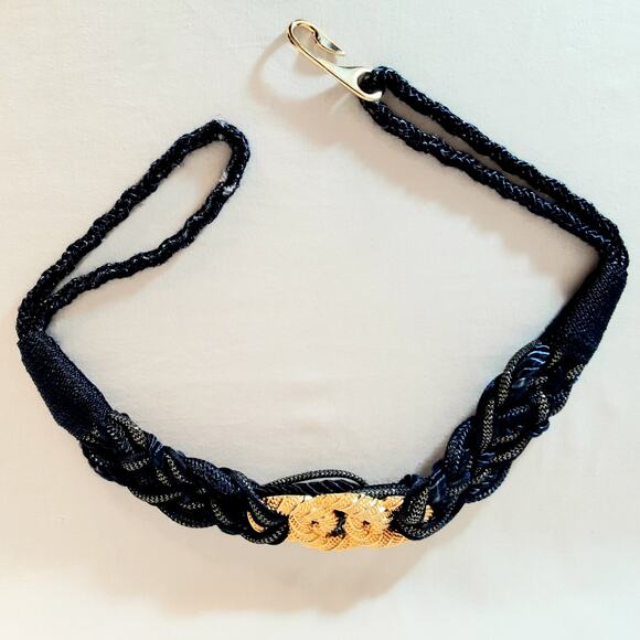 Corded Tapestry Belt Navy Blue Gold Tone 28 Waist Non Adjustable Hook Closure - Picture 5 of 12